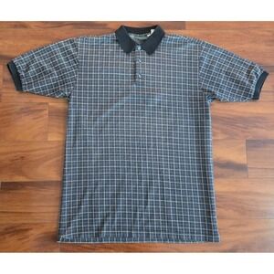Tom James Mens Polo Shirt Sz Medium Charcoal Grey Grid Pattern Short Sleeve Knit